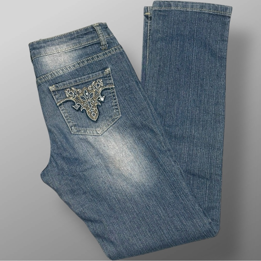 Brighton Blu Jeans Women’s Sz 3 Bootcut Stretch Denim Embellished Pocket